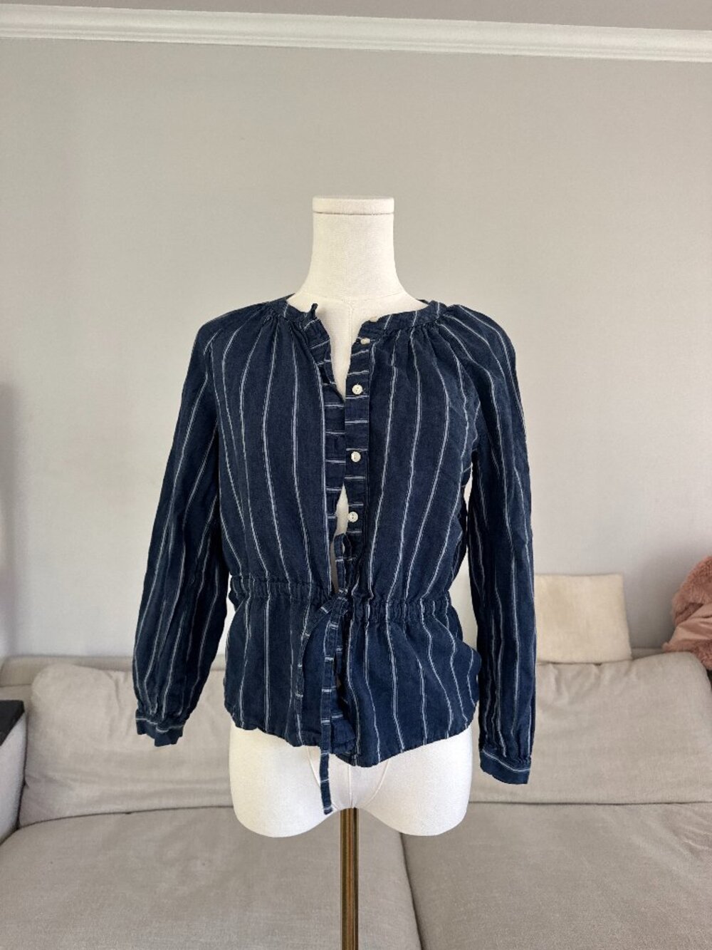 J.Crew Navy Striped Tie Waist Button Front Top XXS